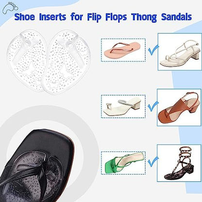 Self-adhesive ball of foot pads being applied to a summer sandal.