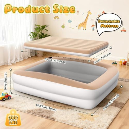 Dessports portable kids blow up mattress showing the cloud soft velvet suede top material.