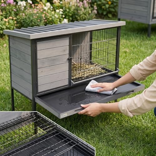 PawHut Elevated Rabbit Hutch with Pull-Out Tray, Wooden Bunny House Rabbit Cage for Outdoor Indoor Use, Openable Plastic Roof, Light Gray - Image 5