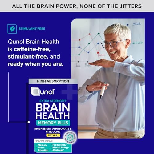 Qunol Brain Health Memory Plus packaging showing caffeine free focus support