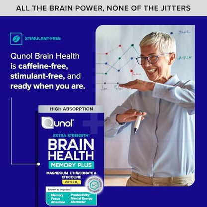 Qunol Brain Health Memory Plus packaging showing caffeine free focus support
