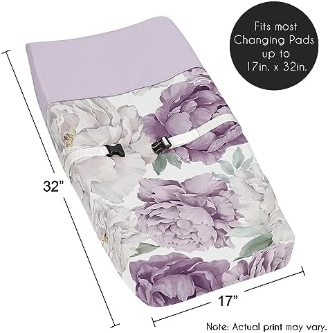 Top view of purple and ivory bohemian floral changing mat sheet