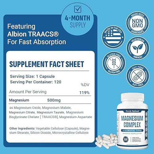 Purely Optimal multi form magnesium supplement bottle showcasing six elemental types of magnesium
