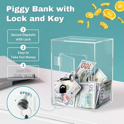 Close up view of the secure metallic locking mechanism on the clear acrylic currency savings box.