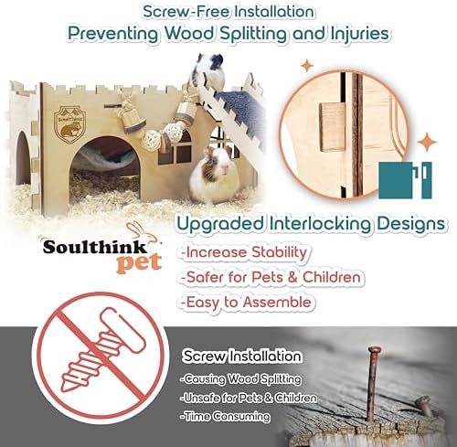 SoulThink(R) Large Guinea Pig Hideout & House - Easy to Assemble Wooden Guinea Pig Castle with Hammock, Ramp and Toys Accessories Habitat Suitable for Hamsters and Chinchilla - Image 3