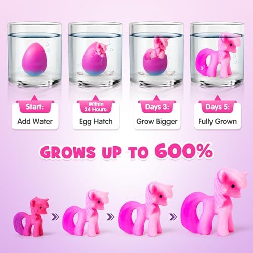 Six unique water growing unicorn toys displayed side by side after hatching from rainbow eggs