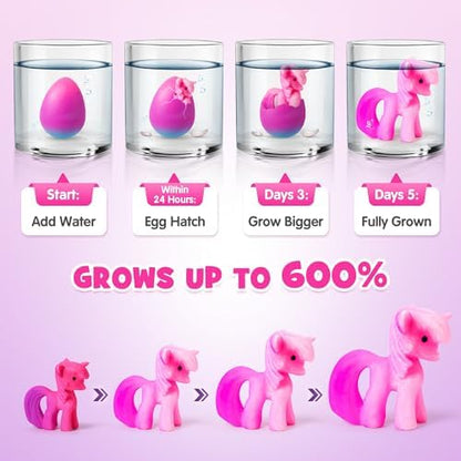 Six unique water growing unicorn toys displayed side by side after hatching from rainbow eggs