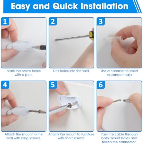 Demonstration of white anti tip furniture straps installed behind a tall living room bookcase.
