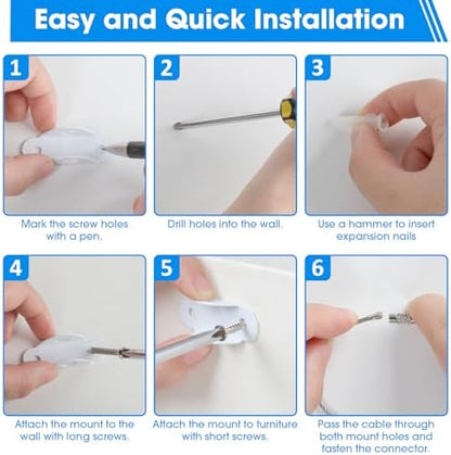 Demonstration of white anti tip furniture straps installed behind a tall living room bookcase.