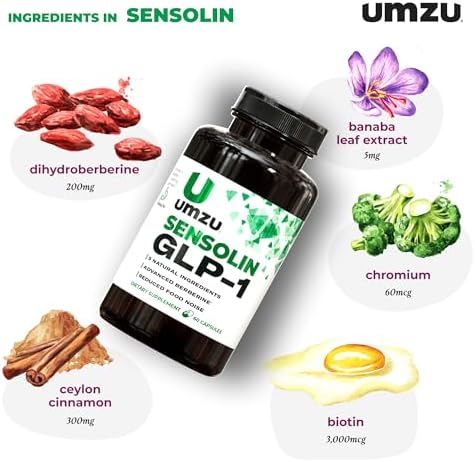 UMZU Sensolin dietary capsules highlighting the key components including dihydroberberine and ceylon cinnamon.