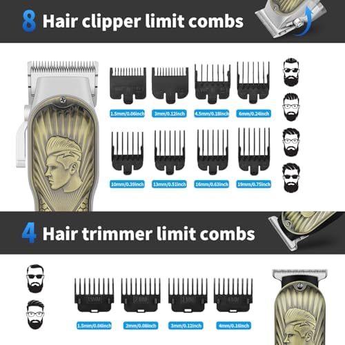 HIENA PRO cordless hair clipper and T blade trimmer kit arranged with multiple limit combs