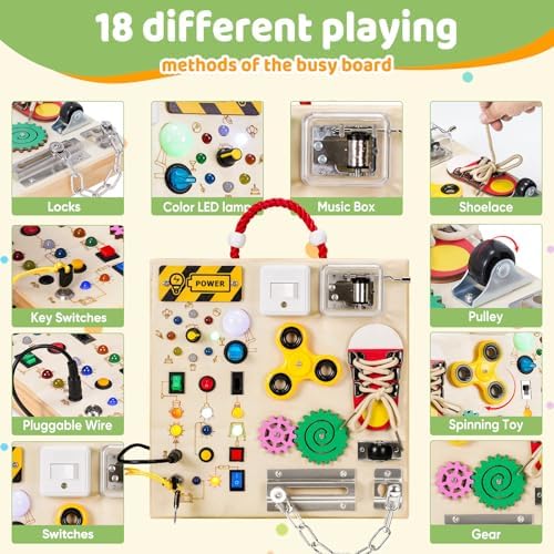 Close up view of the classic multi color wooden activity board featuring the yellow fidget spinner and colored gears.