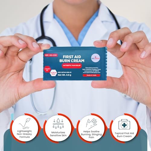 Epic Medical Supply burn relief ointment packets spread out for medical kit use