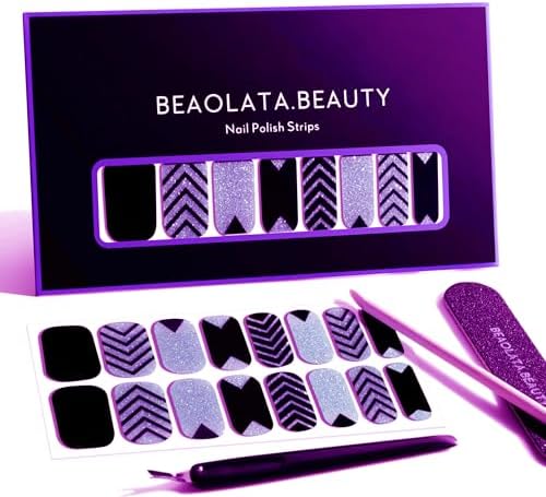 Beaolata salon quality chevron pattern purple and black imported nail stickers with application accessories including nail file and cuticle stick.