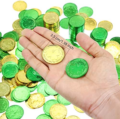 Zhanmai shamrock coins scattered on a dining table as festive party sprinkles.