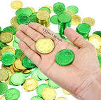 Zhanmai shamrock coins scattered on a dining table as festive party sprinkles.