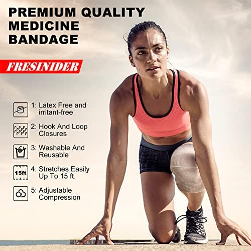FRESINIDER latex free bandage wrap applied to a knee for injury recovery.