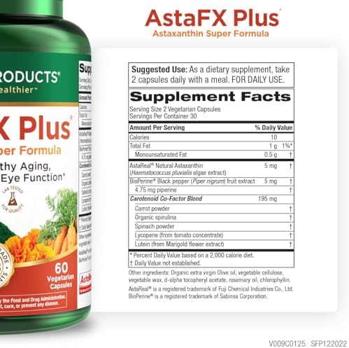 Purity Products AstaFX Plus 60 capsules supplement facts panel showing ingredient details