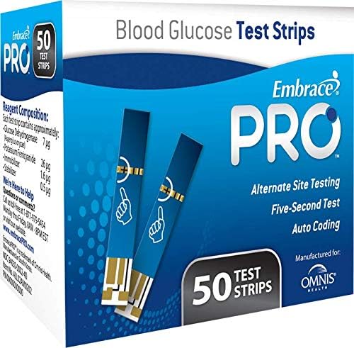 Omnis Health Embrace Pro blood glucose test strips bundle front view for reliable diabetes monitoring.