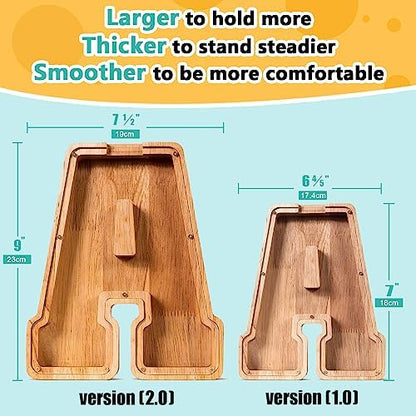 Side angle view of the thick nine inch SummiDate organic wood initial coin bank for children