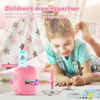 Montessori electronic learning robot device drawing an animal on paper
