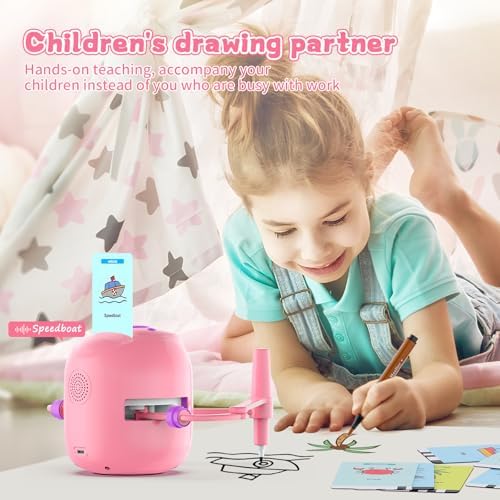 Montessori electronic learning robot device drawing an animal on paper