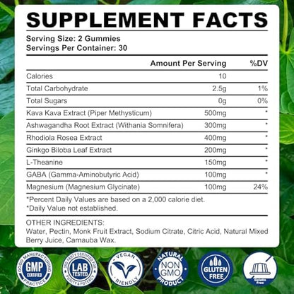 Glagmrry Kava Kava and Ashwagandha mixed berry relaxation gummies 2 pack label details.