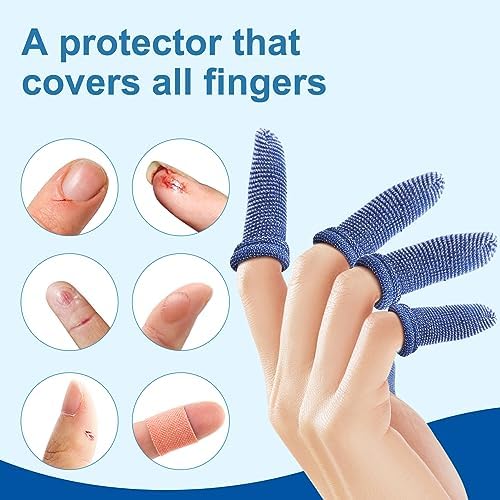 Blue cotton elastic finger protectors applied on human hand joints