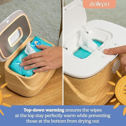 Bollepo baby wipe warmer plugged in with USB cable in a nursery setting