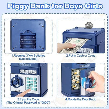 Close-up of the secure electronic 4-digit passcode lock panel on the toy bank.