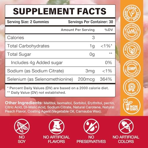 Vitamatic peach flavored selenium gummies bottle showing nutrition facts and dietary labels.