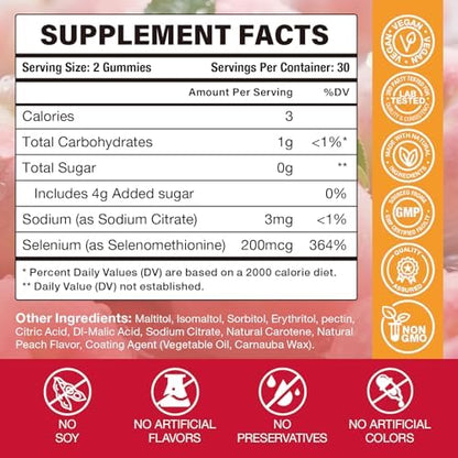Vitamatic peach flavored selenium gummies bottle showing nutrition facts and dietary labels.