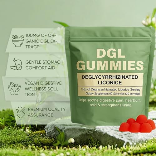 Vegan and gelatin free DGL supplement pouch displaying supplement facts and usage instructions.