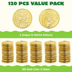 Plastic gold coins with shamrock and leprechaun motifs scattered on a flat surface