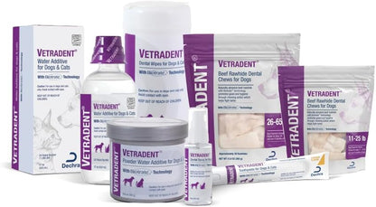 Textured Vetradent dental wipe being pulled from the dispenser cap for pet dental hygiene.