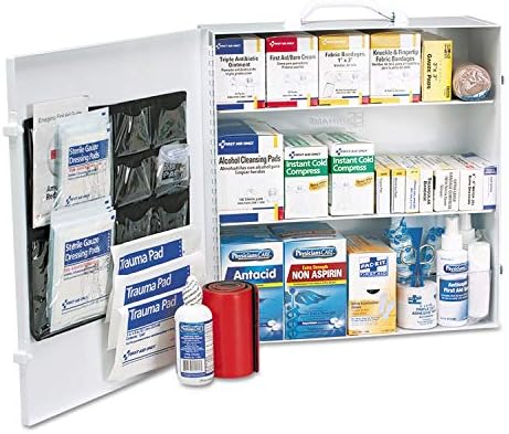 Wall mounted First Aid Only emergency station in a modern office setting