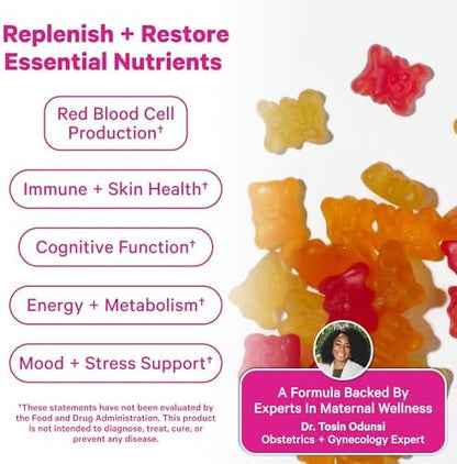 Close up of Pink Stork gummy vitamin texture and fruit flavors