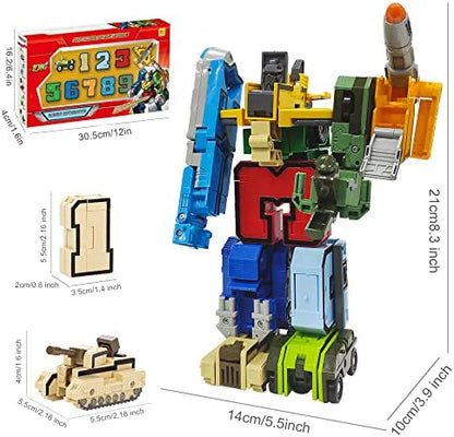 Educational alphanumeric toy set packaging highlighting the durable construction and transforming steps.