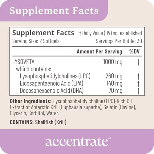 Accentrate Omega 110 Lysoveta LPC EPA DHA brain ready formula side label displaying ingredient facts.