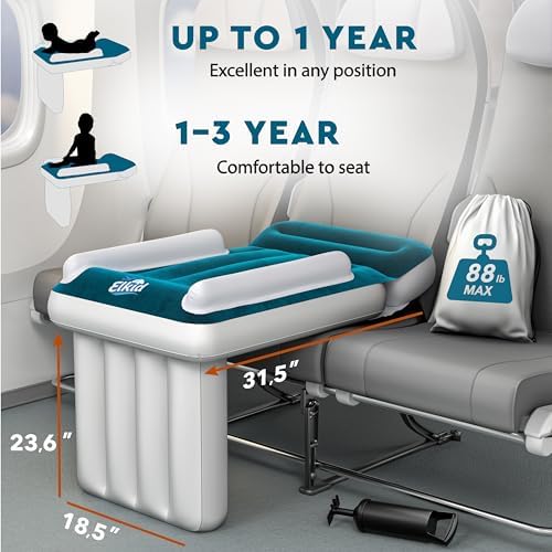 Inflatable kids plane bed installed on an economy class airplane seat.