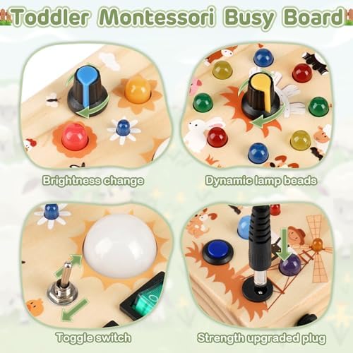 Toddler hands interacting with the key switch on the wooden activity board.