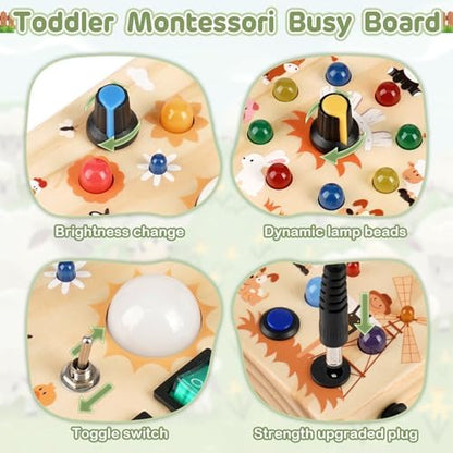 Toddler hands interacting with the key switch on the wooden activity board.