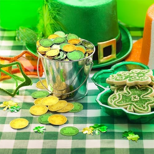 OHOME St Patricks Day party supplies packaging view displaying the assorted gold and green lucky tokens