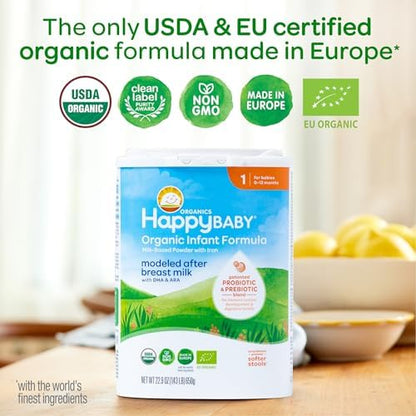 Happy Baby Stage One organic milk-based powder formula with iron and probiotics nutrition label details.