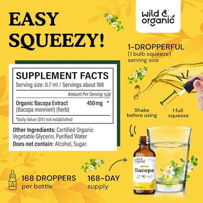 Wild And Organic Brahmi extract drops next to natural green leaves emphasizing organic plant ingredients.