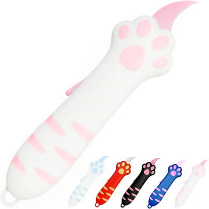 Safely retracted cat claw packaging opener knife held in a woman's hand.