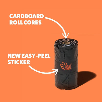 Easy pull sticker being removed smoothly from a Tuff Pets waste bag roll.