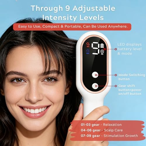 Hand holding compact cordless red light hair growth comb
