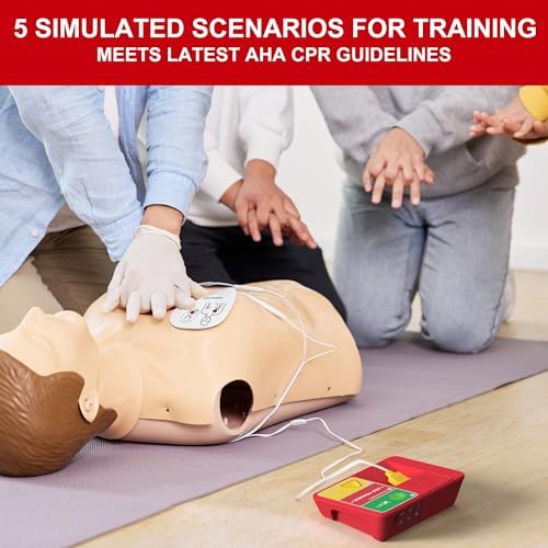 Lightweight red AED simulator showing voice prompt buttons