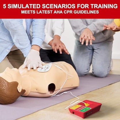 Lightweight red AED simulator showing voice prompt buttons